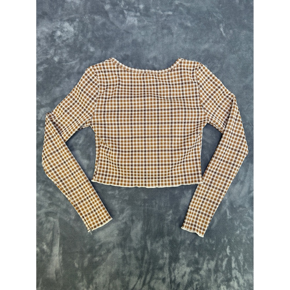 Altar'd State Brown Houndstooth Cropped Cardigan Top XS Long Sleeve Button Front - Picture 3 of 5